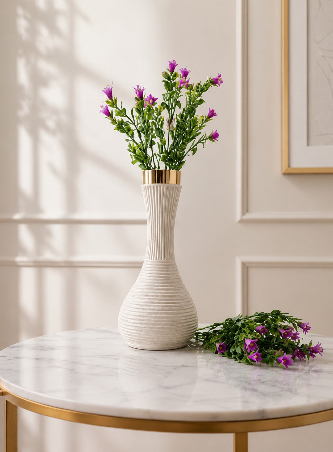 Modern White Ceramic Style Decorative Vase with Gold Rim