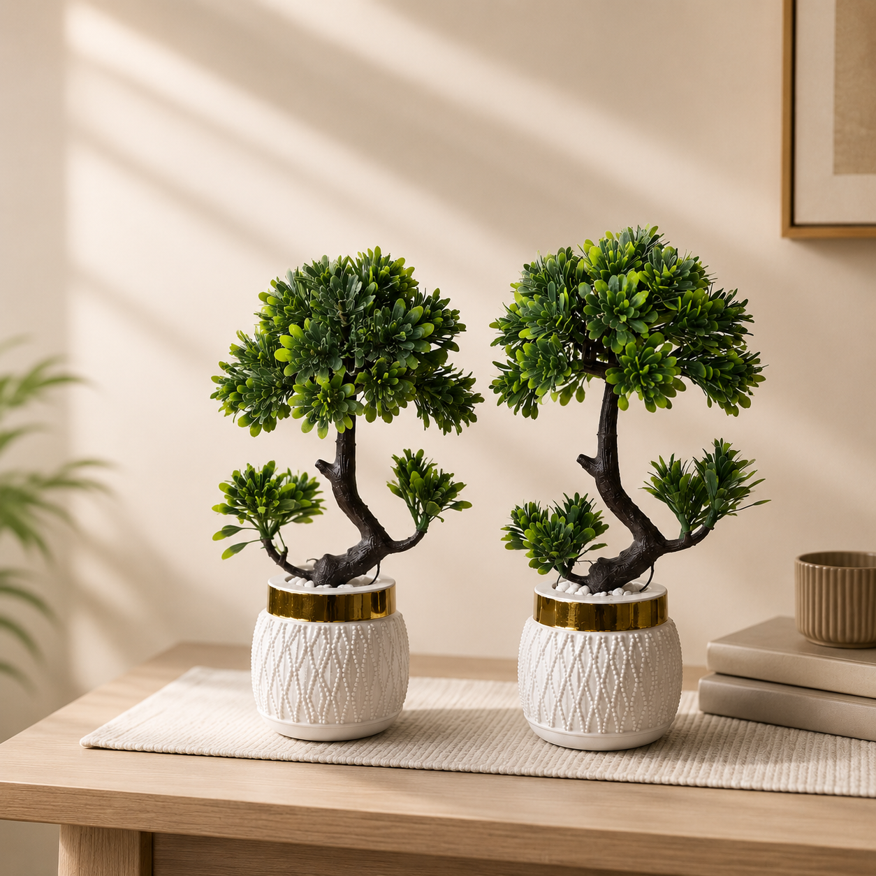 Pair of 2 Artificial Bonsai Plants – Decorative Plant pair with White & Gold Pots