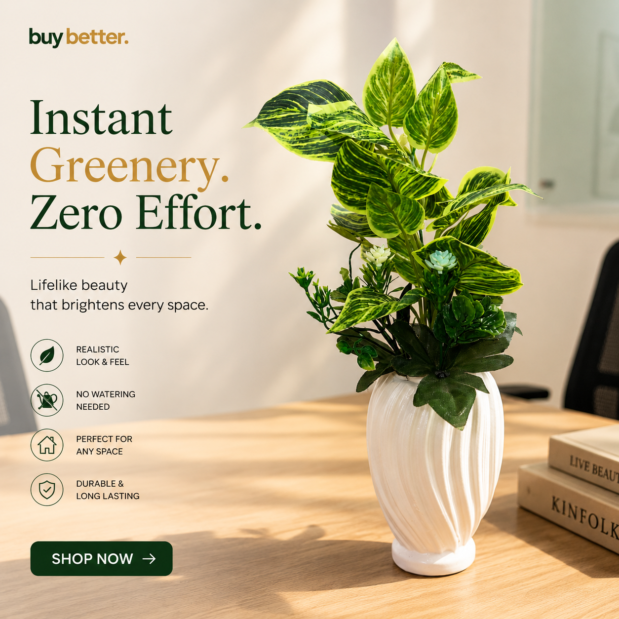 Artificial Green Variegated Plant in Ribbed White Vase