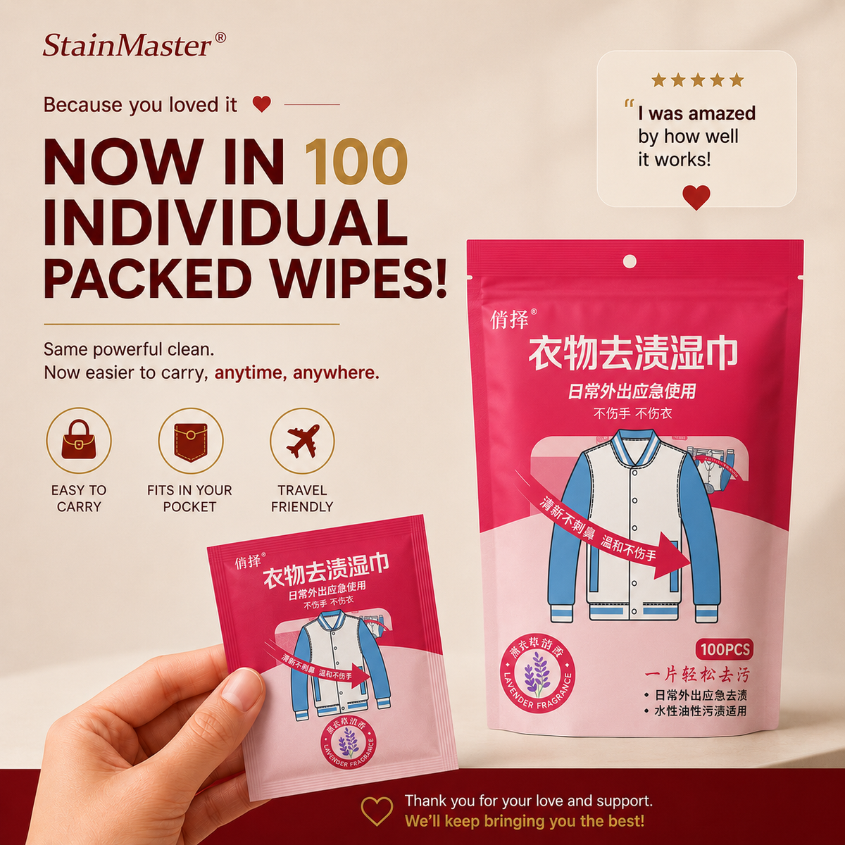 Stain Remover Wipes 100 individually packed wipes (Imported) | Bundle of 5 (20 wipes) pack.