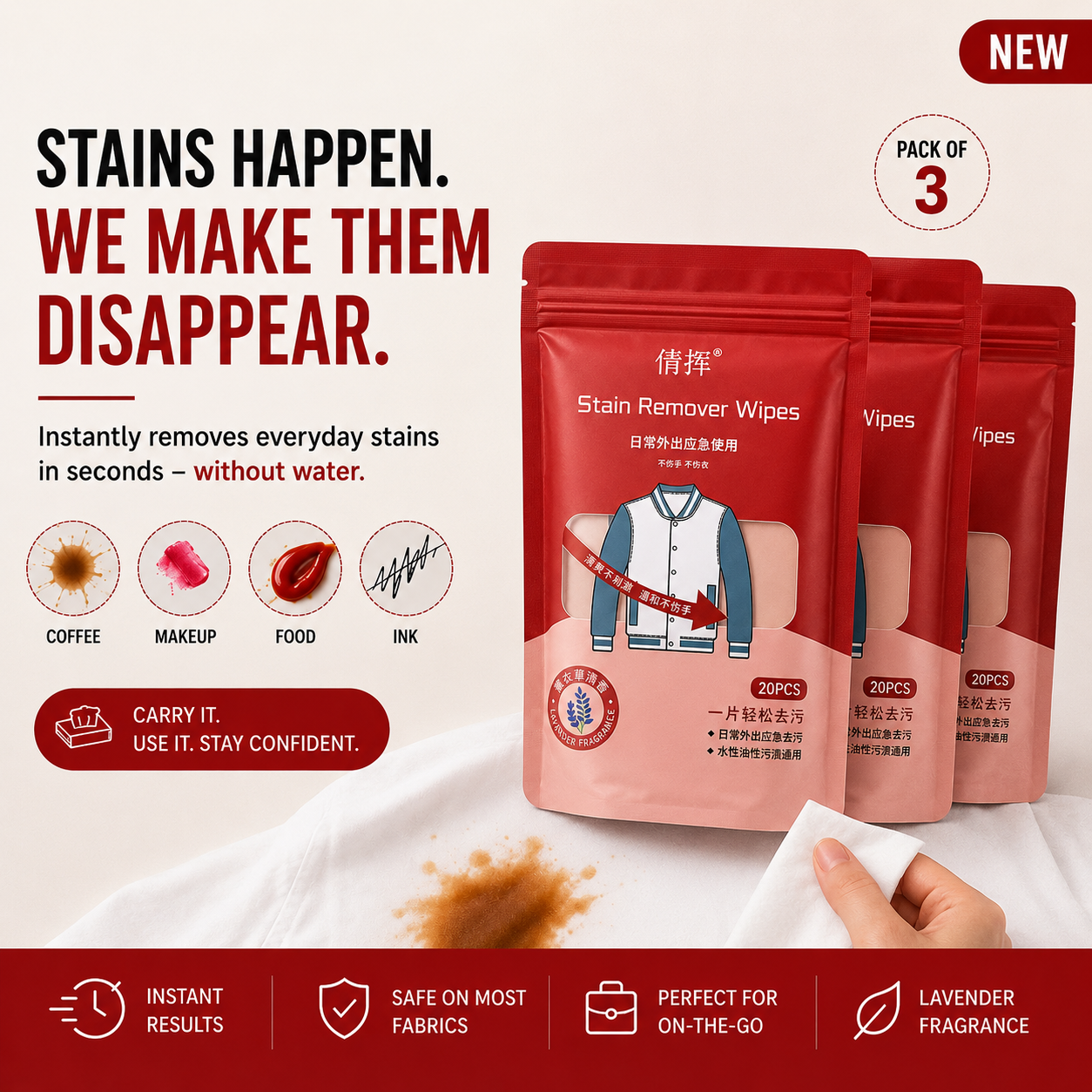 Stain Remover Wipes – 3 Pack Bundle | 60 Wipes | Limited Time Offer