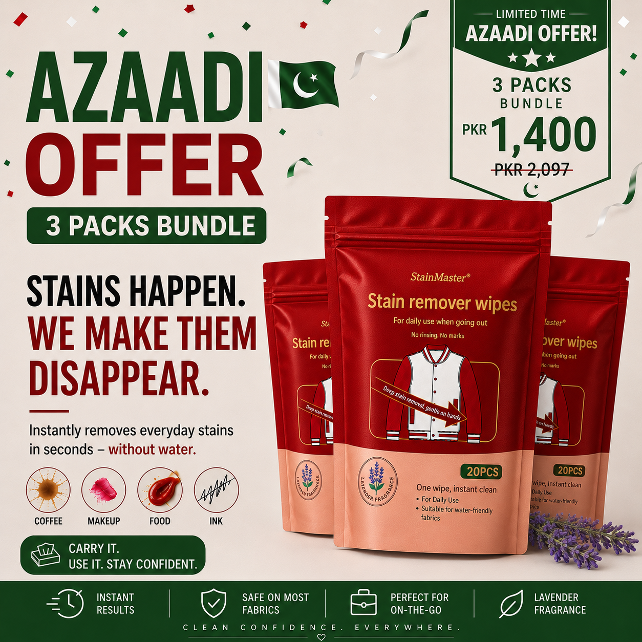 Stain Remover Wipes – 3 Pack Bundle | 60 Wipes | Limited Time | Azaadi Offer