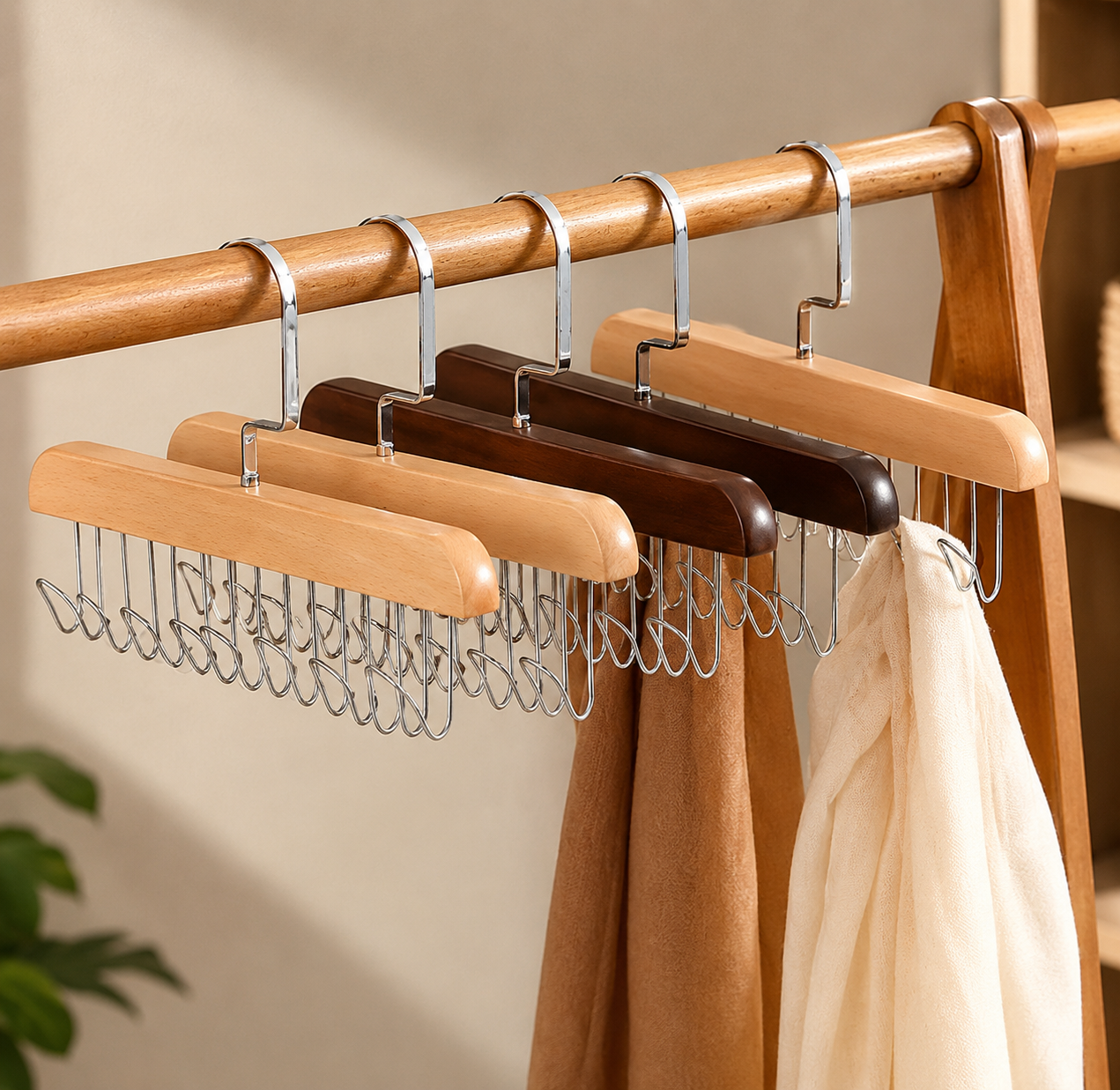8-Hook Multifunctional Wooden Hanger – Space-Saving Closet Organizer