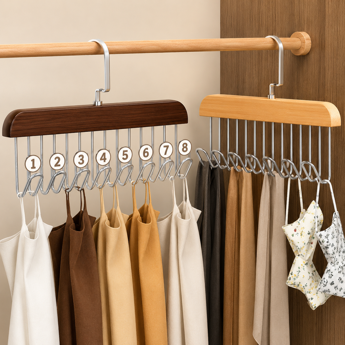 8-Hook Multifunctional Wooden Hanger – Space-Saving Closet Organizer