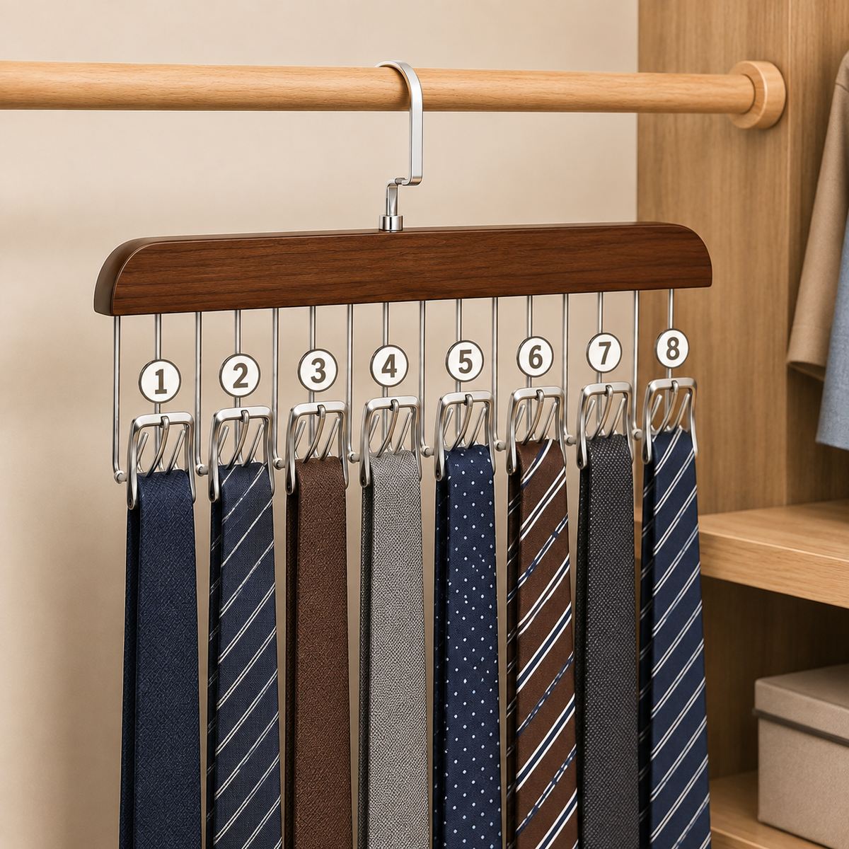 8-Hook Multifunctional Wooden Hanger – Space-Saving Closet Organizer