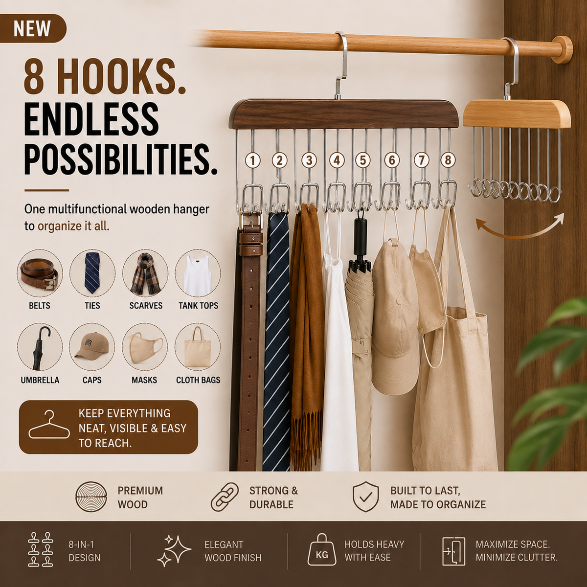 8-Hook Multifunctional Wooden Hanger – Space-Saving Closet Organizer
