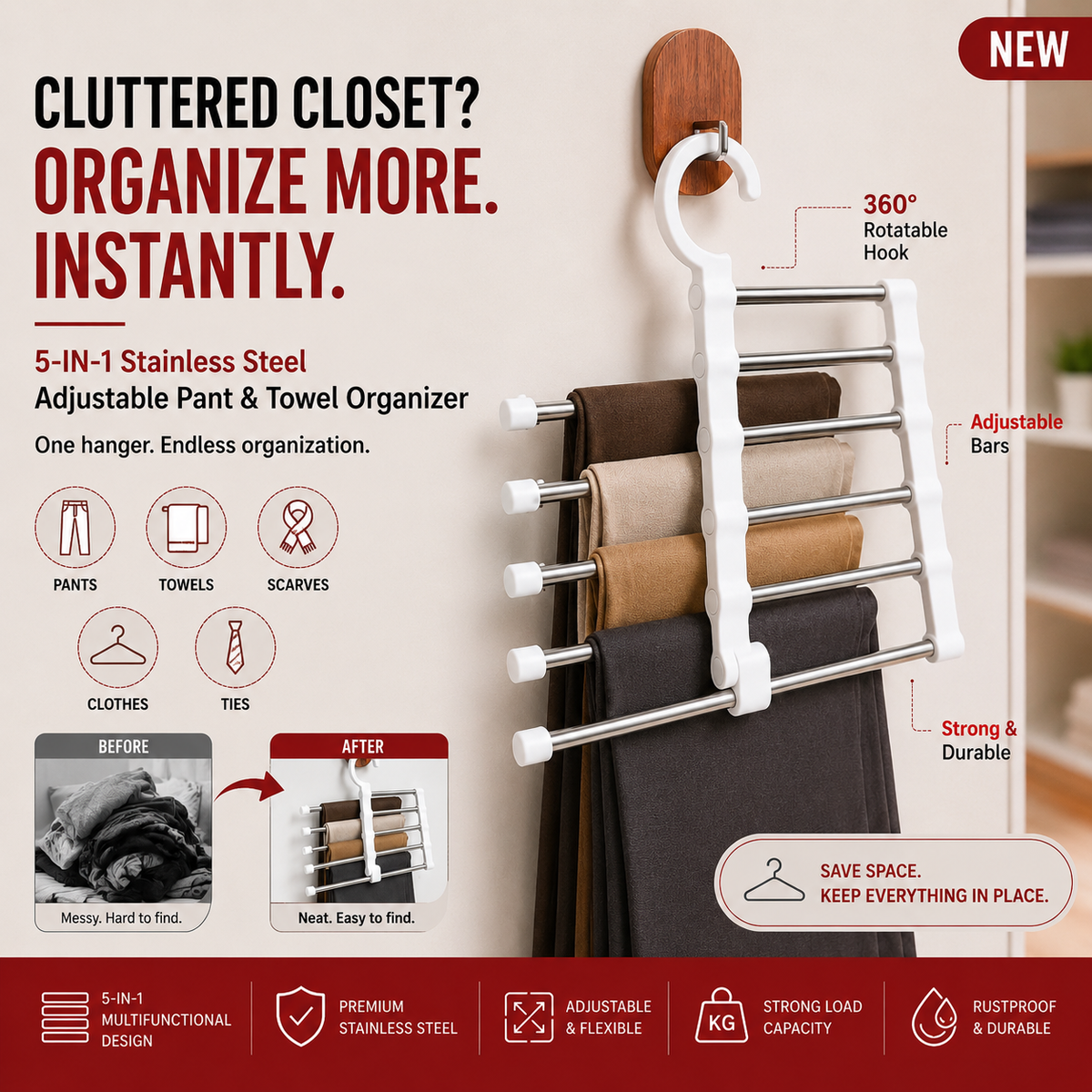 5-in-1 Stainless Steel Pant & Towel Organizer – Space-Saving Adjustable Hanger