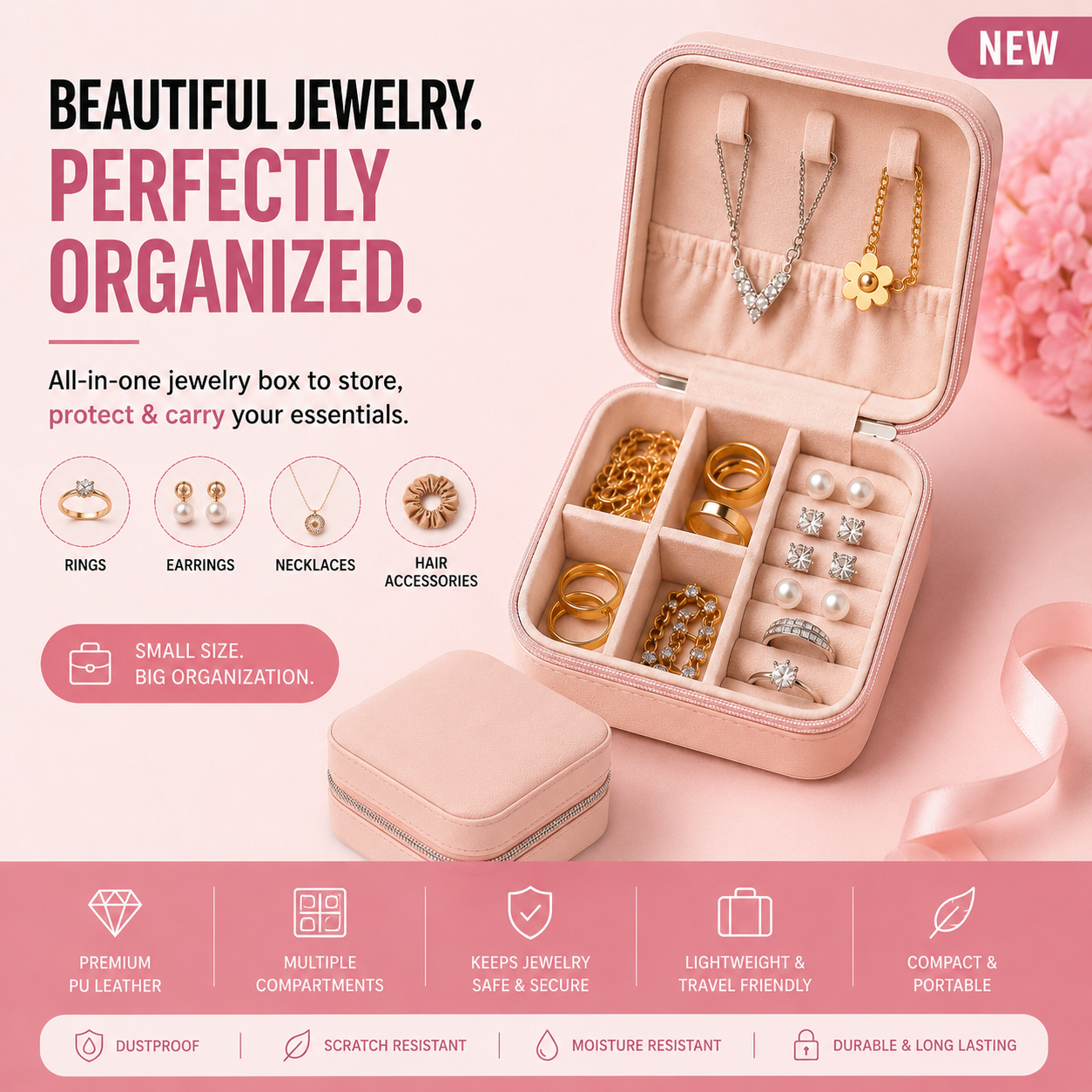 Portable PU Leather Jewellery Organizer Box – Travel Case for Rings, Earrings & Accessories