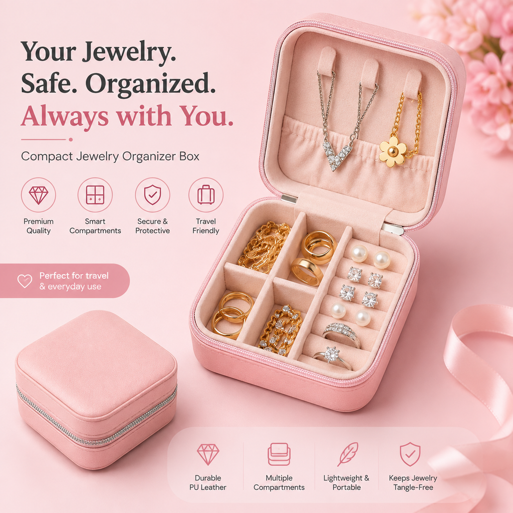 Portable PU Leather Jewellery Organizer Box – Travel Case for Rings, Earrings & Accessories