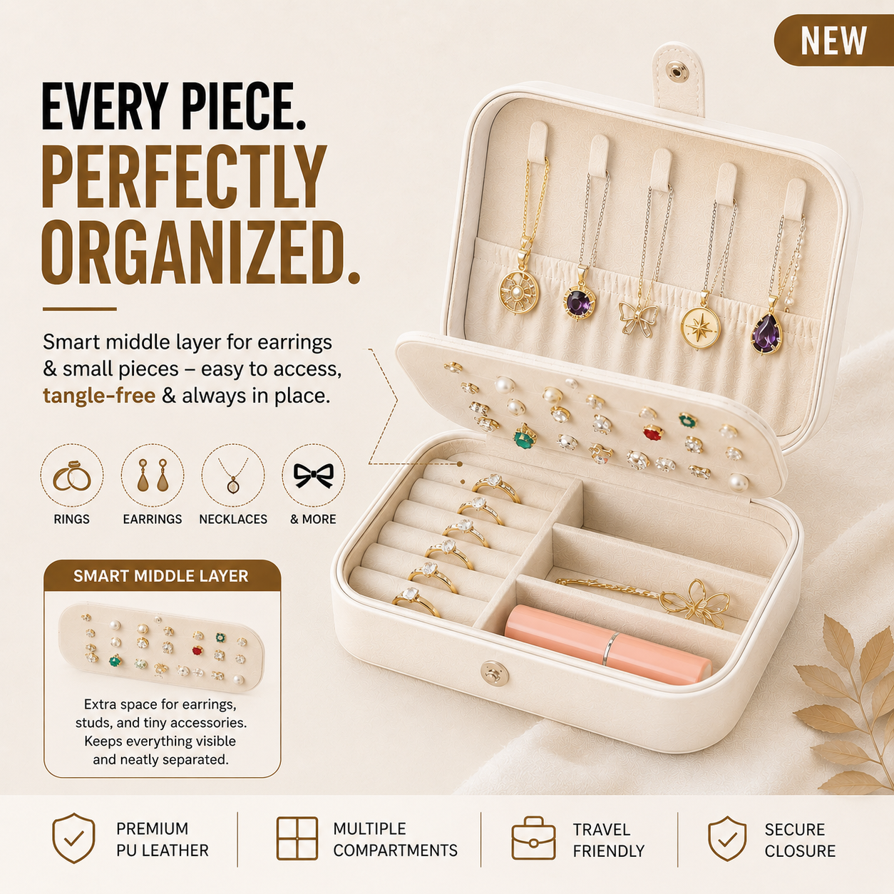 Travel Jewelry Box – Double Layer Portable Organizer for Rings, Earrings & Accessories