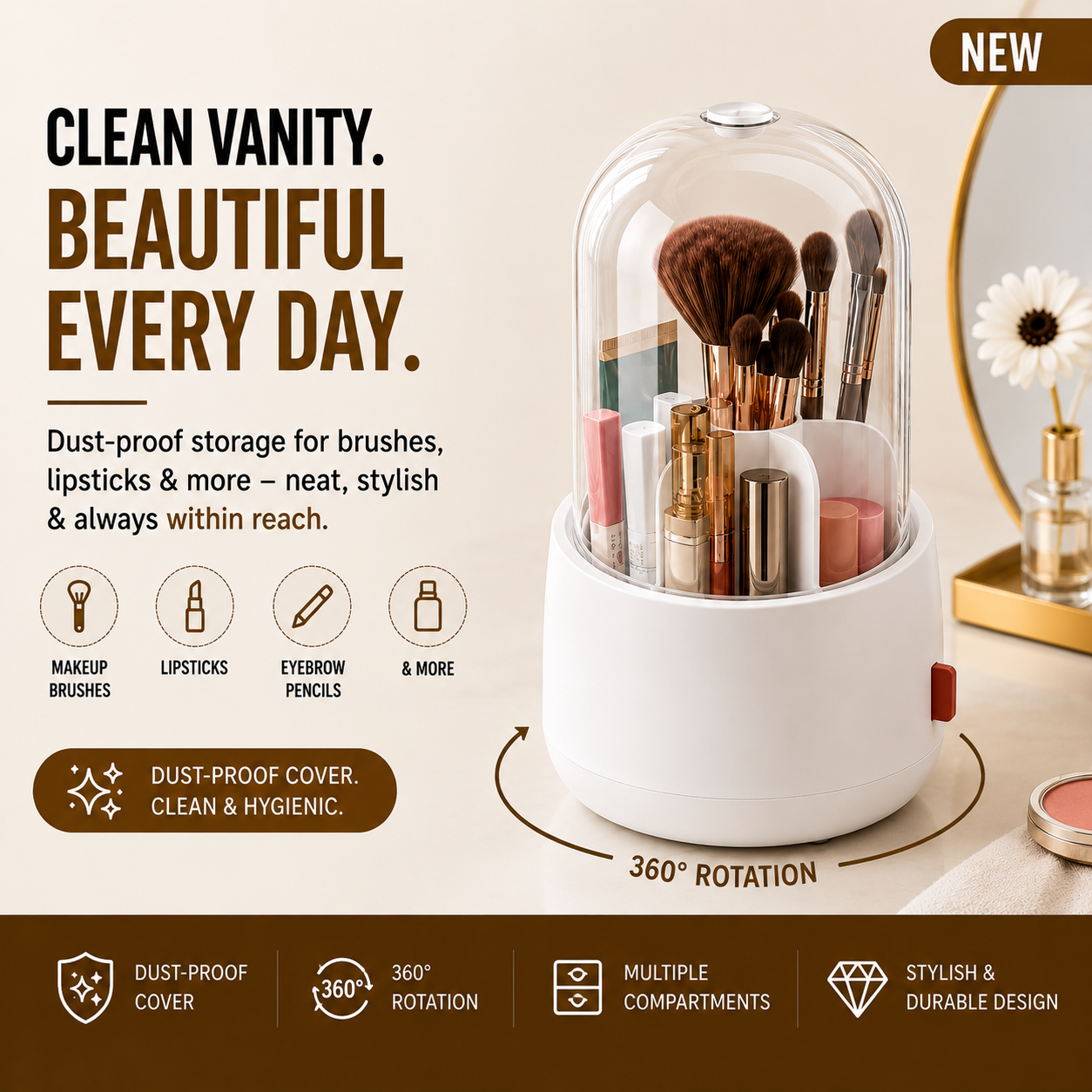 360° Rotating Dust-Proof Makeup Organizer | Brush & Cosmetics Holder