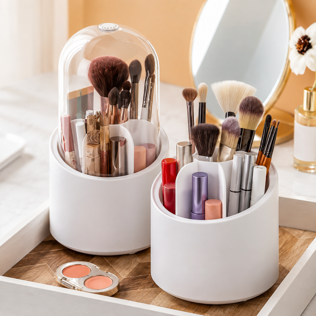 360° Rotating Dust-Proof Makeup Organizer | Brush & Cosmetics Holder