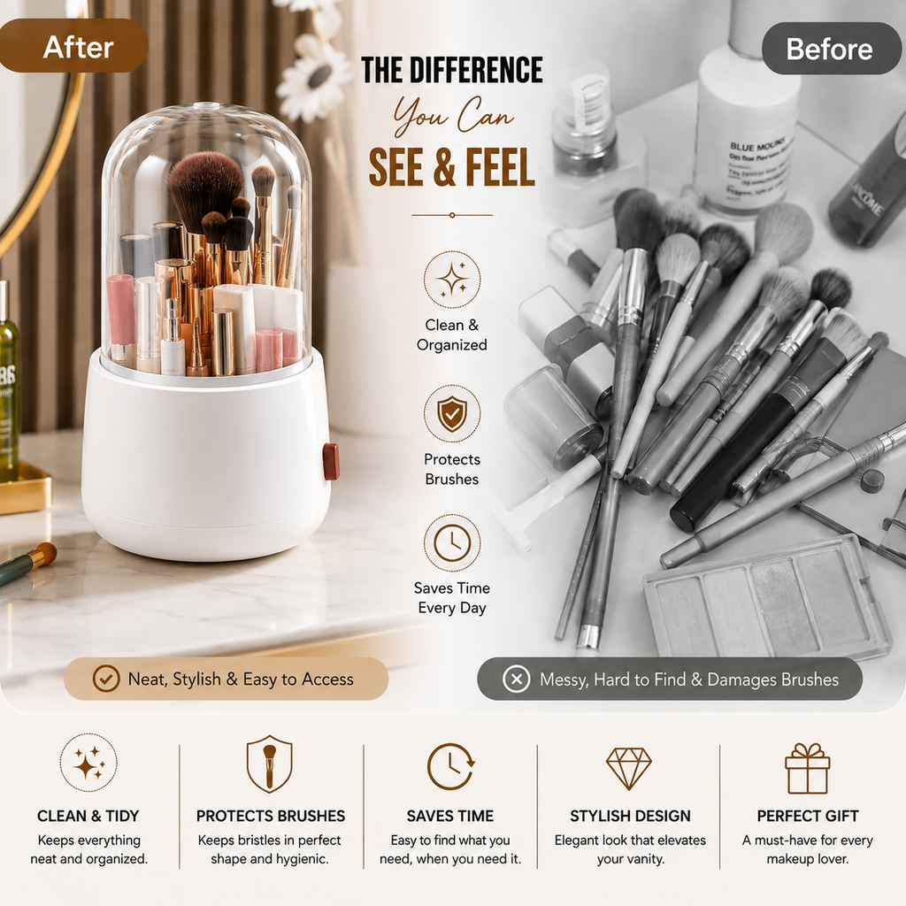 360° Rotating Dust-Proof Makeup Organizer | Brush & Cosmetics Holder