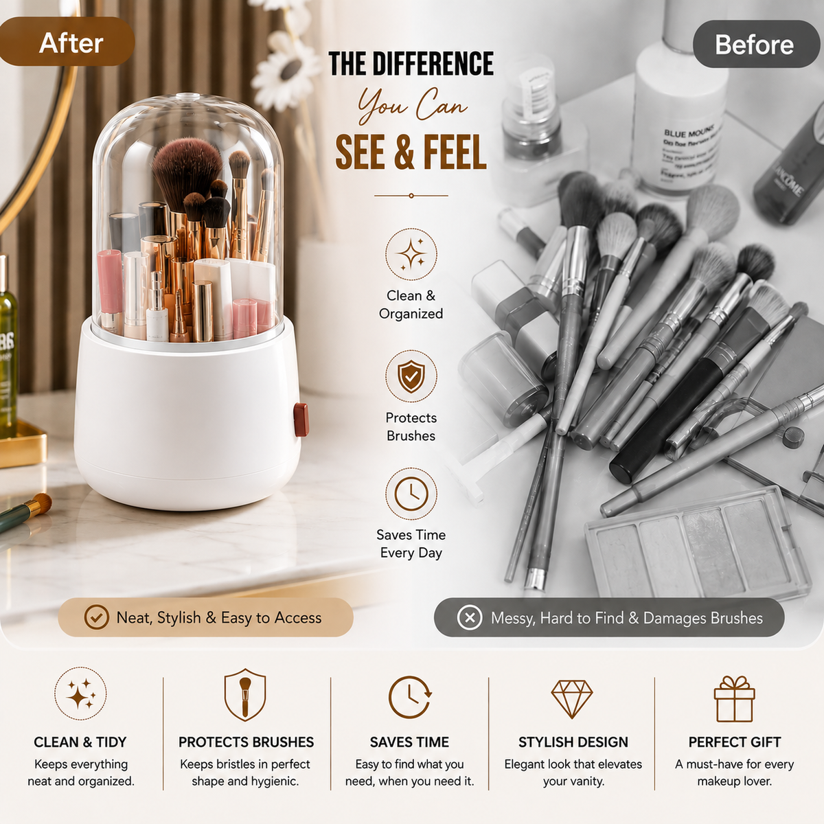 360° Rotating Dust-Proof Makeup Organizer | Brush & Cosmetics Holder